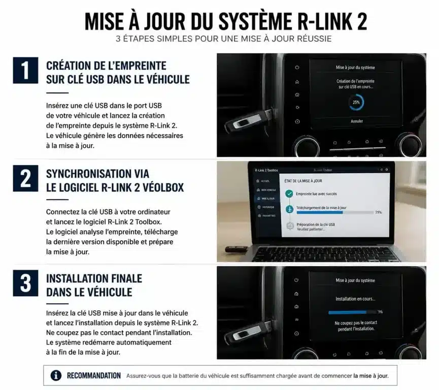 Infographie des étapes de mise à jour du système multimédia R-Link 2 pour Renault