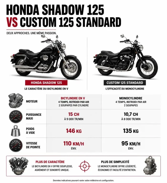 Comparatif technique Honda Shadow 125 vs custom 125 standard