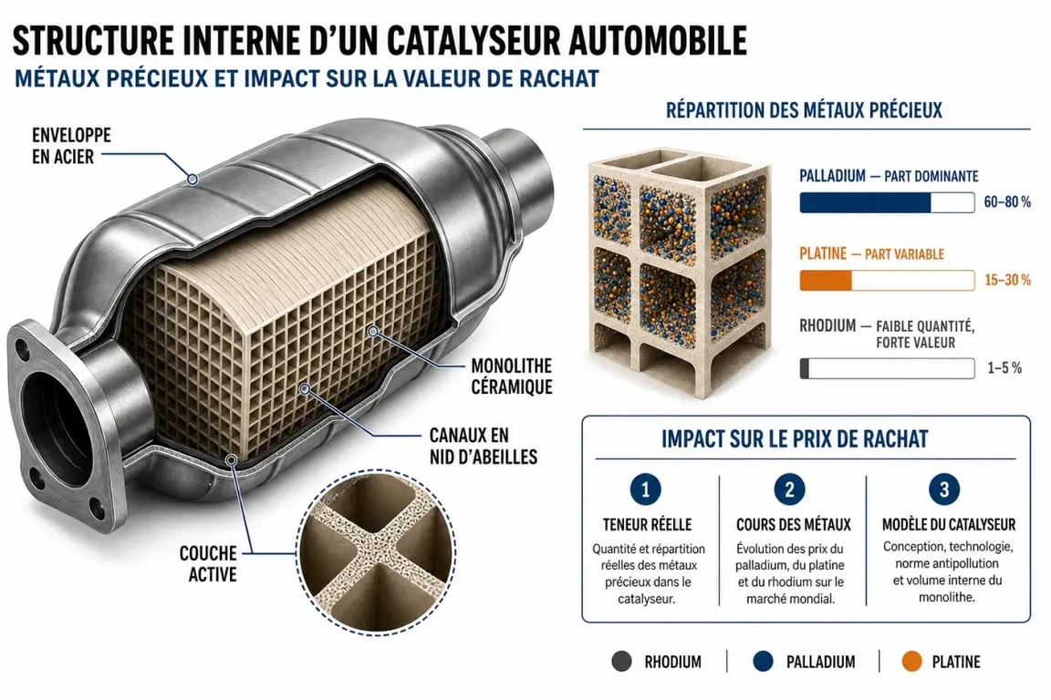 Infographie expliquant la valeur des métaux précieux dans le prix d'un catalyseur automobile