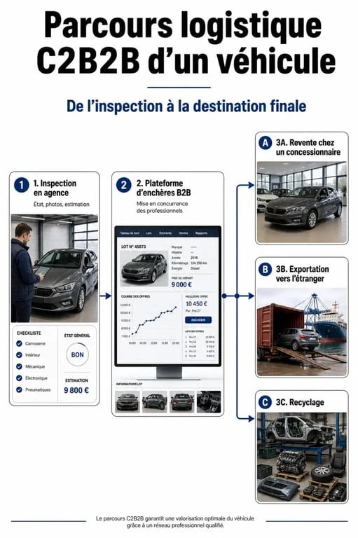 Schéma du parcours d'une voiture après la vente sur vendezvotrevoiture.fr : de l'inspection au recyclage ou à la revente.