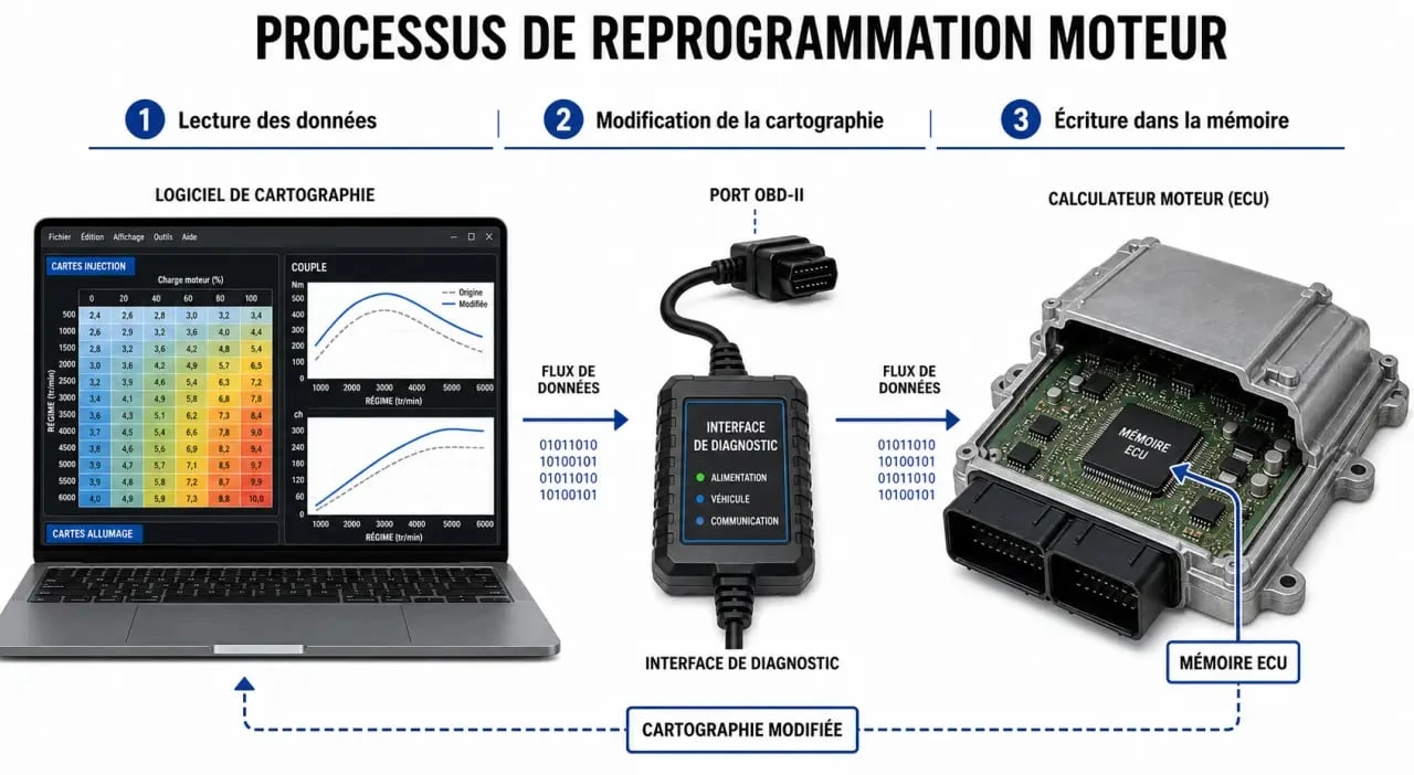 Schéma du processus de reprogrammation moteur avec logiciel et interface OBD-II