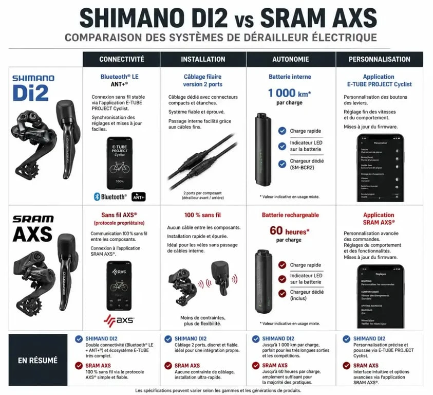 Comparatif technique des dérailleurs électriques Shimano Di2 et SRAM AXS pour vélo