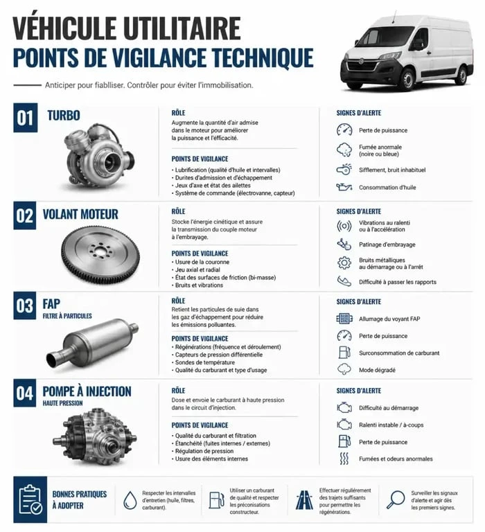 Infographie des points de vigilance technique pour éviter un utilitaire à problèmes