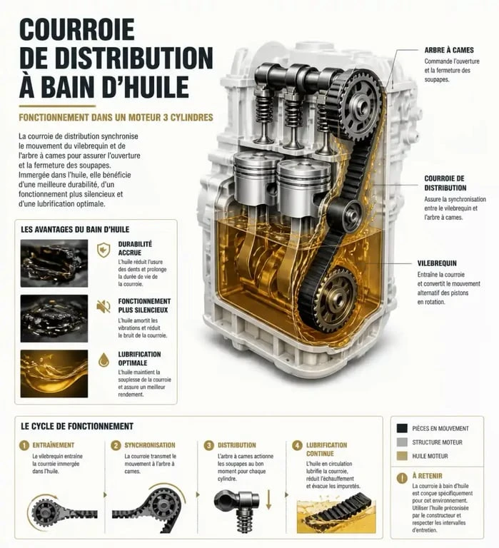 Schéma technique du fonctionnement d'une courroie de distribution à bain d'huile sur moteur PureTech