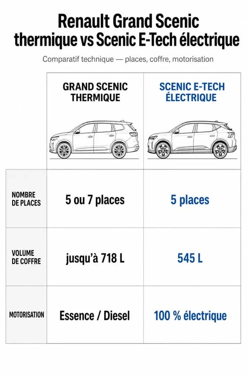 Infographie comparative Renault Grand Scenic thermique vs Scenic E-Tech électrique