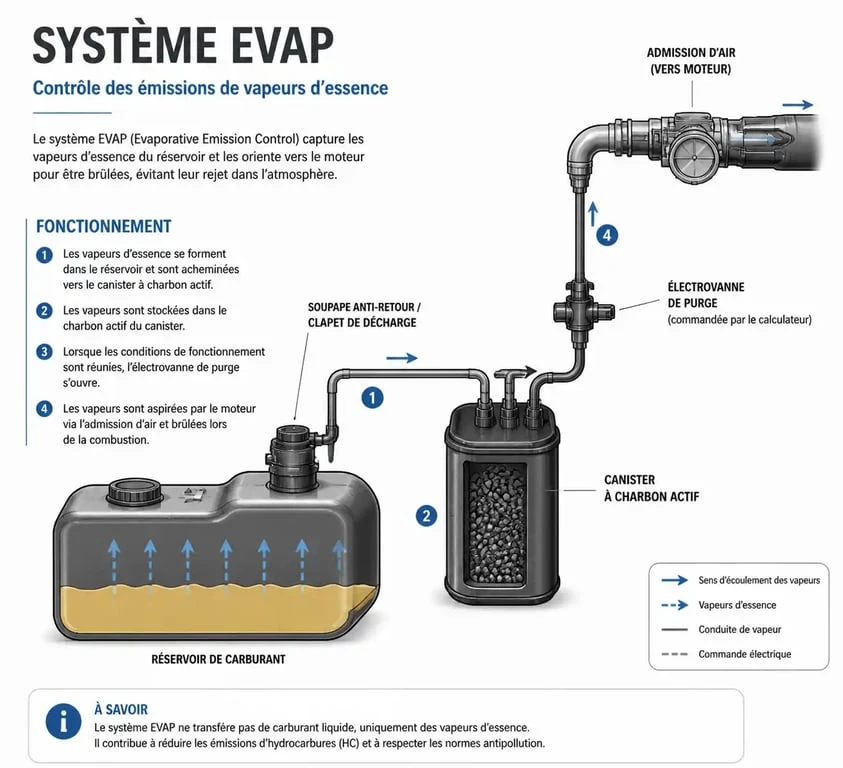 Schéma de fonctionnement du système EVAP et du canister voiture pour le recyclage des vapeurs d'essence