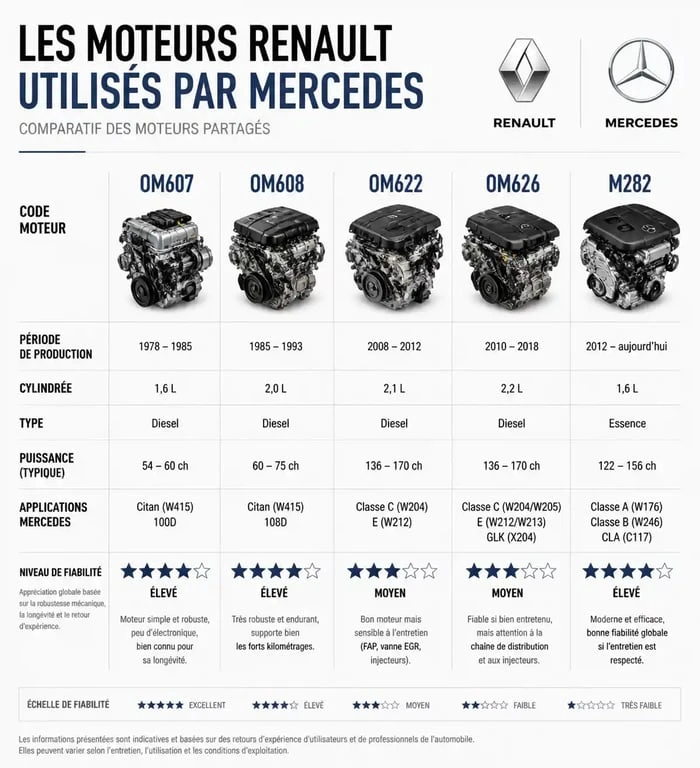 Tableau comparatif de la fiabilité des moteurs Renault dans les véhicules Mercedes