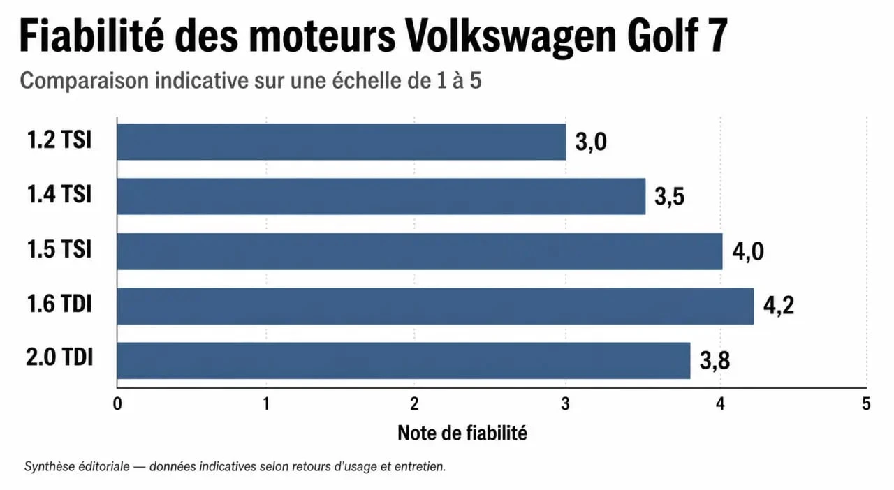 Infographie comparative de la fiabilité des motorisations Volkswagen Golf 7 pour faciliter le choix lors d'un achat d'occasion