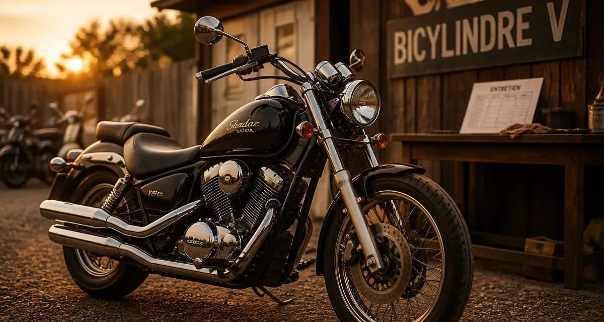 Honda Shadow 125 shadows, custom V noir et chrome, vue trois-quarts