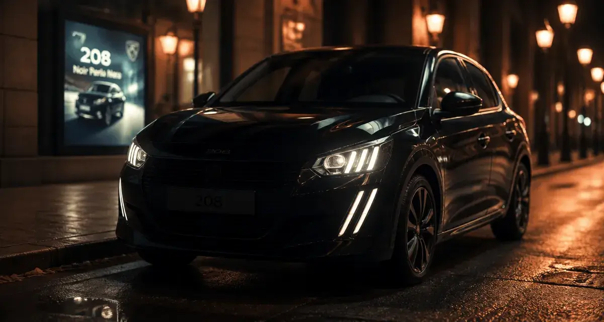 Peugeot 208 noire en ville, vue trois-quarts avant, LED visibles