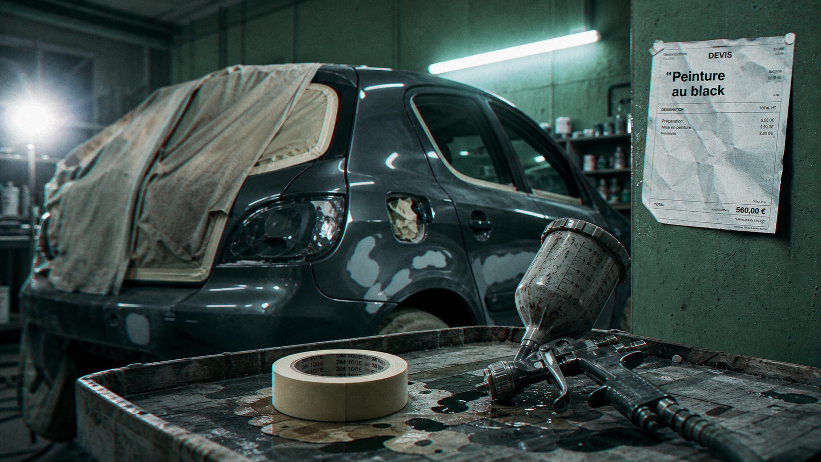 Carrossier au black prix : peinture complète en atelier, ruban de masquage et pistolet