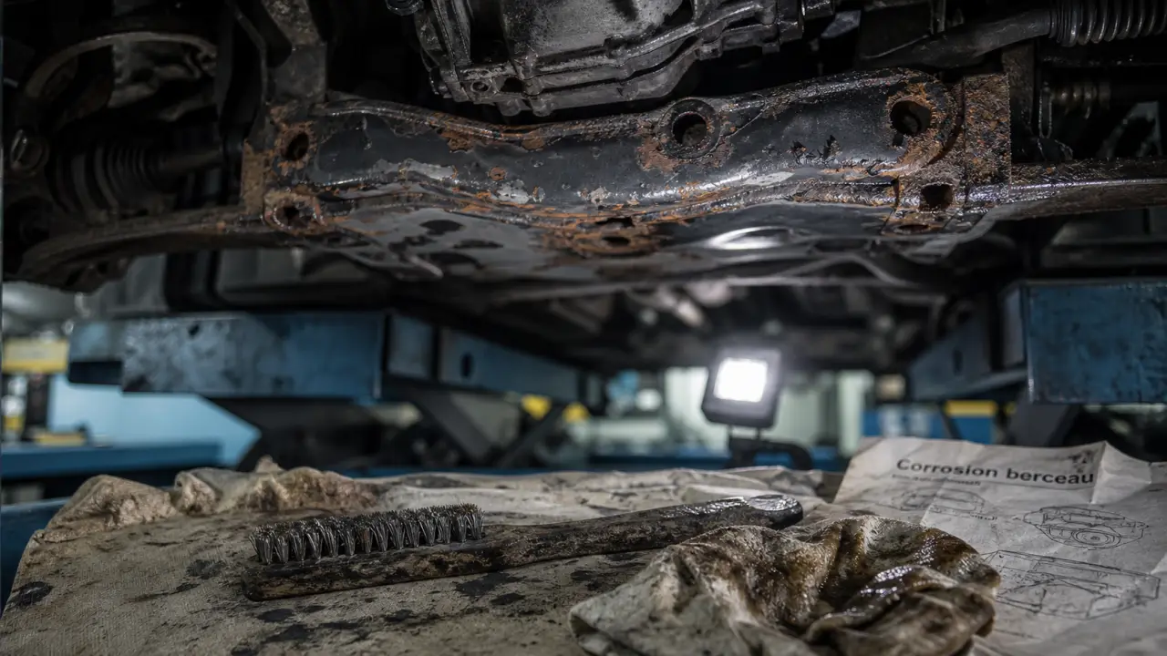 Corrosion du berceau : berceau moteur rouillé et piqûres de rouille