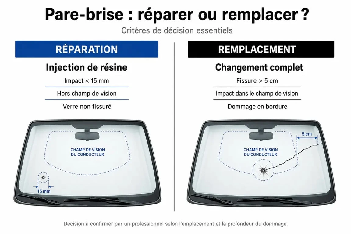 Infographie des critères de décision pour changer son pare brise ou le réparer