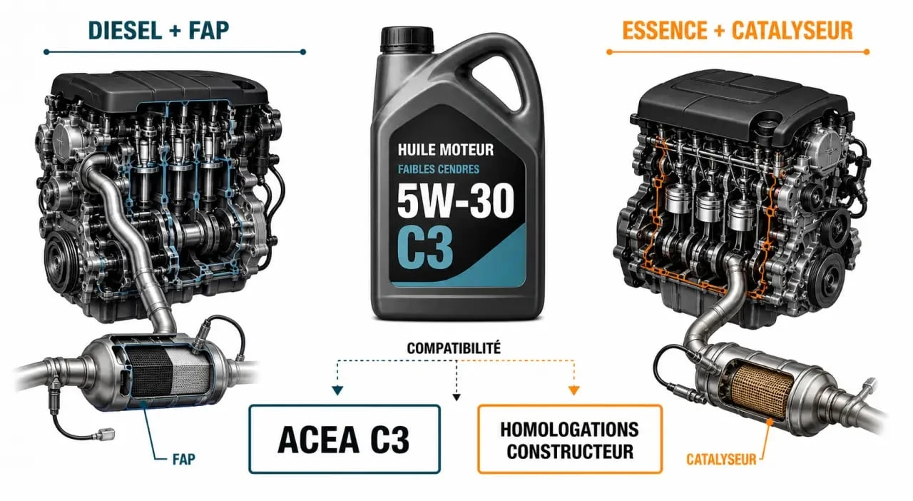 Huile 5W30 C3 pour quel moteur : schéma de compatibilité entre moteurs diesel FAP, essence moderne et normes constructeur