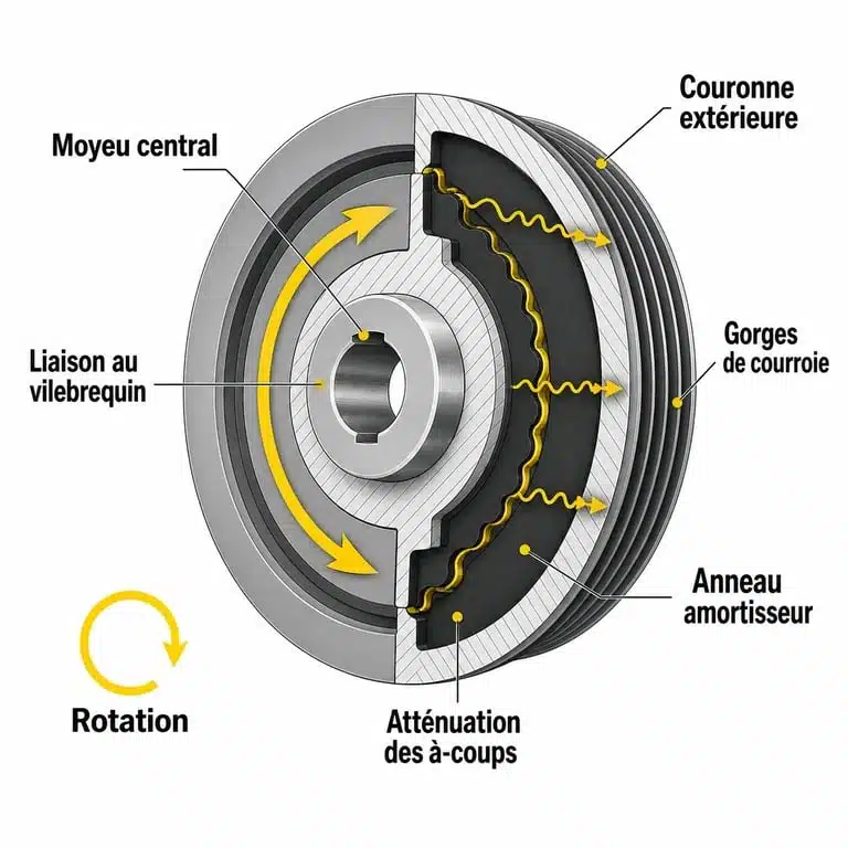 Schéma de poulie damper montrant le fonctionnement d’une poulie damper