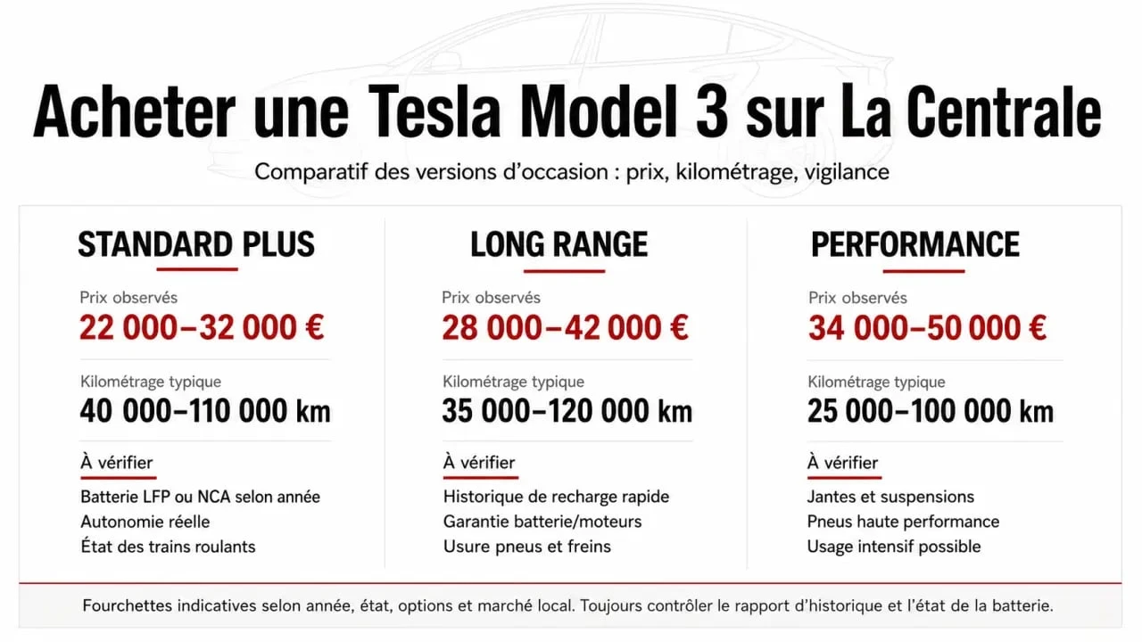 Tesla Model 3 La Centrale : comparaison visuelle des versions Standard Plus, Long Range et Performance avec fourchettes de prix