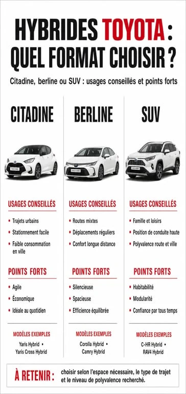 Comparatif des modèles de voitures hybrides Toyota : citadine, berline et SUV pour choisir selon votre usage.