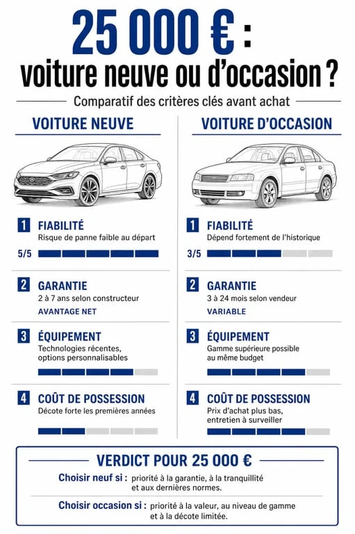 Comparatif achat voiture neuve vs occasion budget 25000 euros
