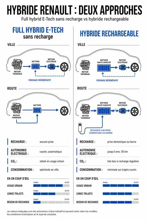 Renault hybride : comparaison visuelle entre full hybrid E-Tech et hybride rechargeable