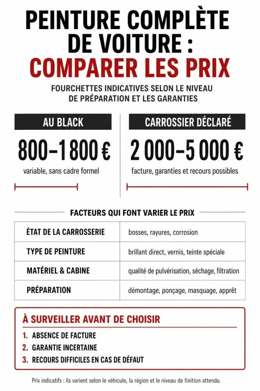 Carrossier au black prix : comparaison visuelle des tarifs au black et officiels pour une peinture complète de voiture