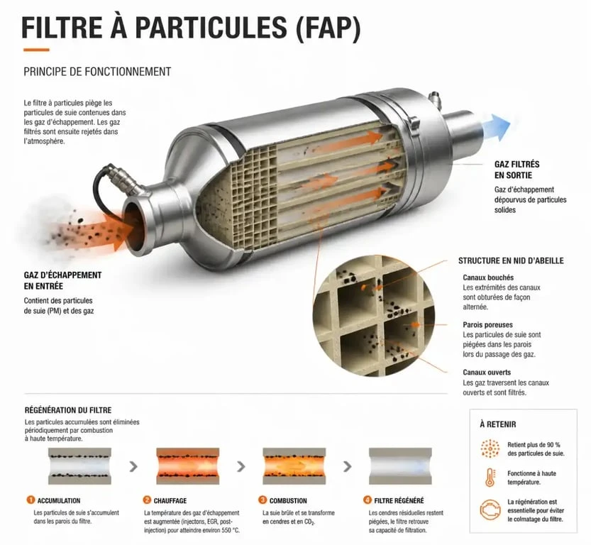 Schéma technique du fonctionnement et du nettoyage du filtre à particules FAP