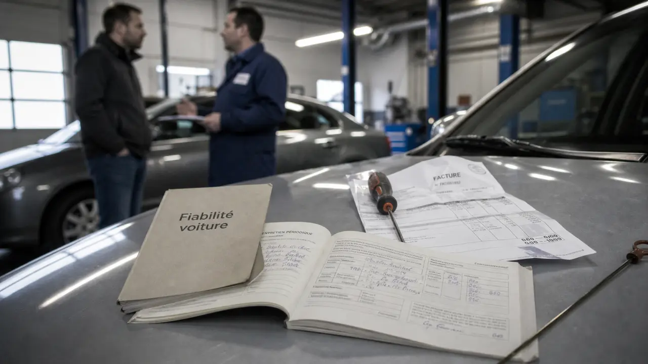 Fiabilité voiture : carnet d’entretien sur le capot d’une voiture