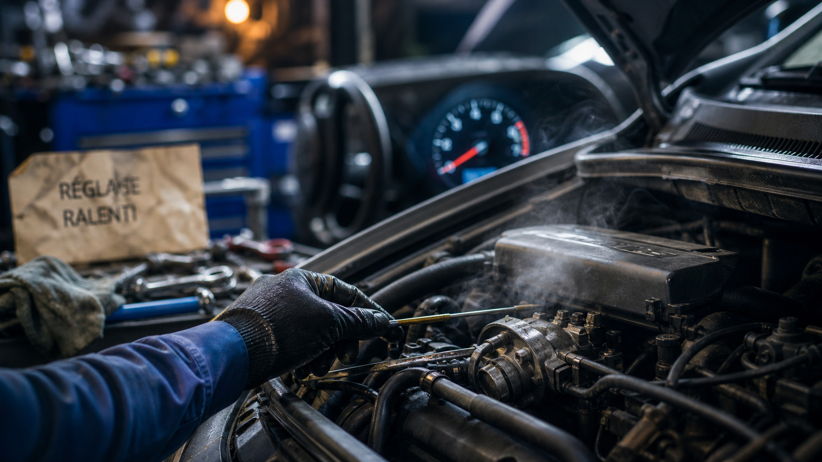 Ma voiture cale au ralenti : main vérifie le ralenti moteur au garage