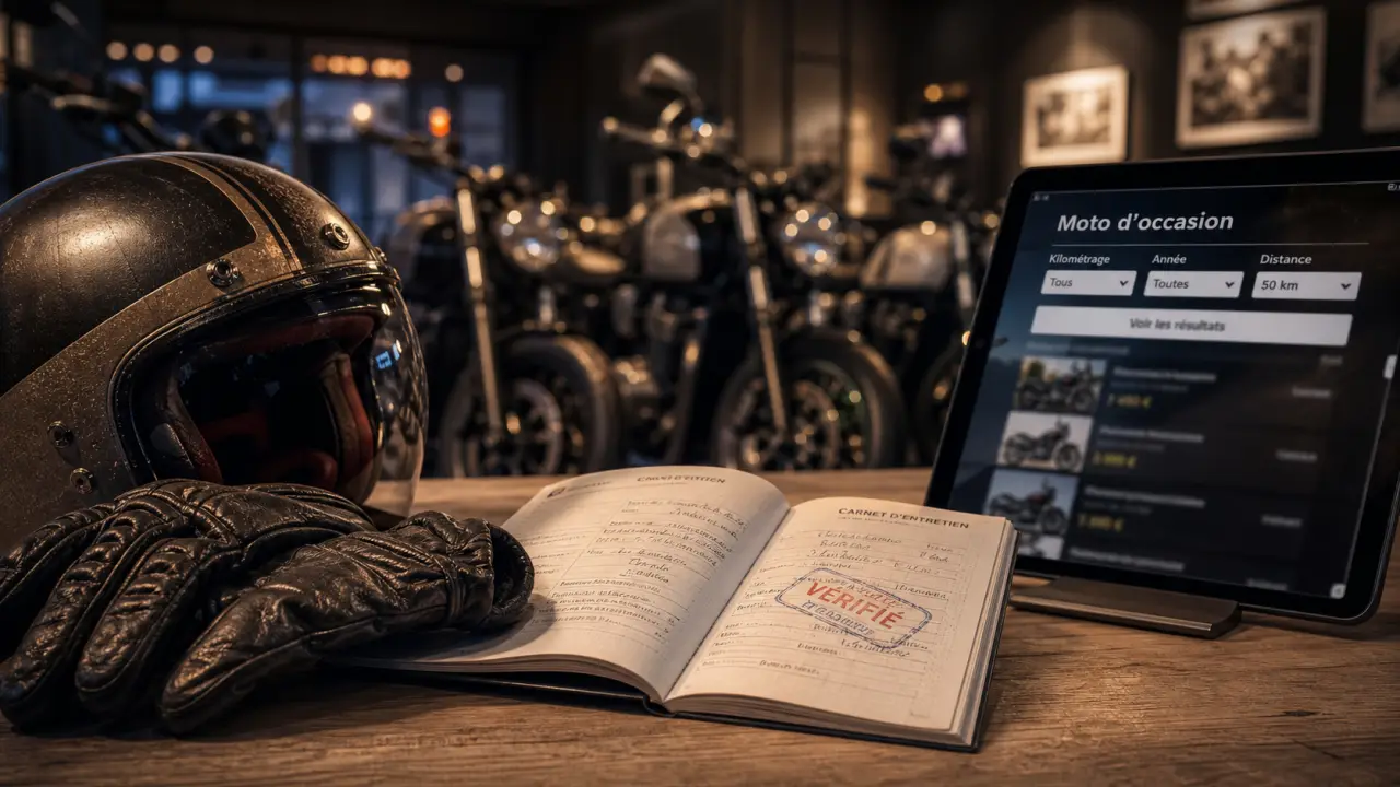 Moto occasion près de chez vous : gants et casque, annonce en vitrine