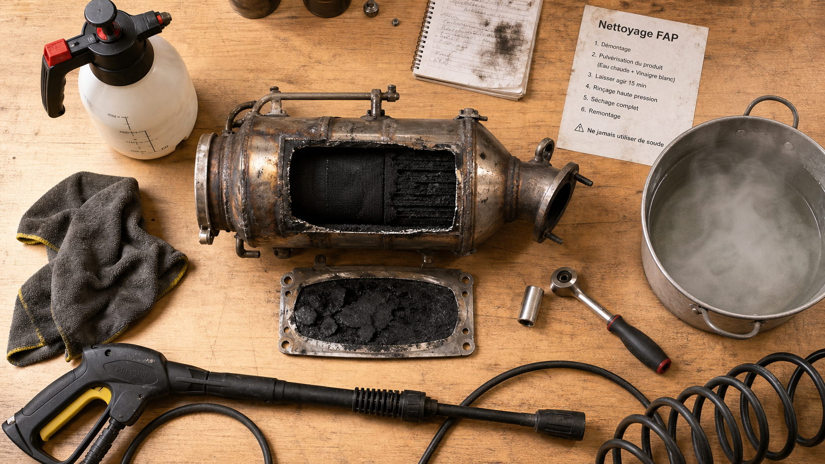 Nettoyer le FAP : FAP diesel démonté sur établi, outils et chiffon