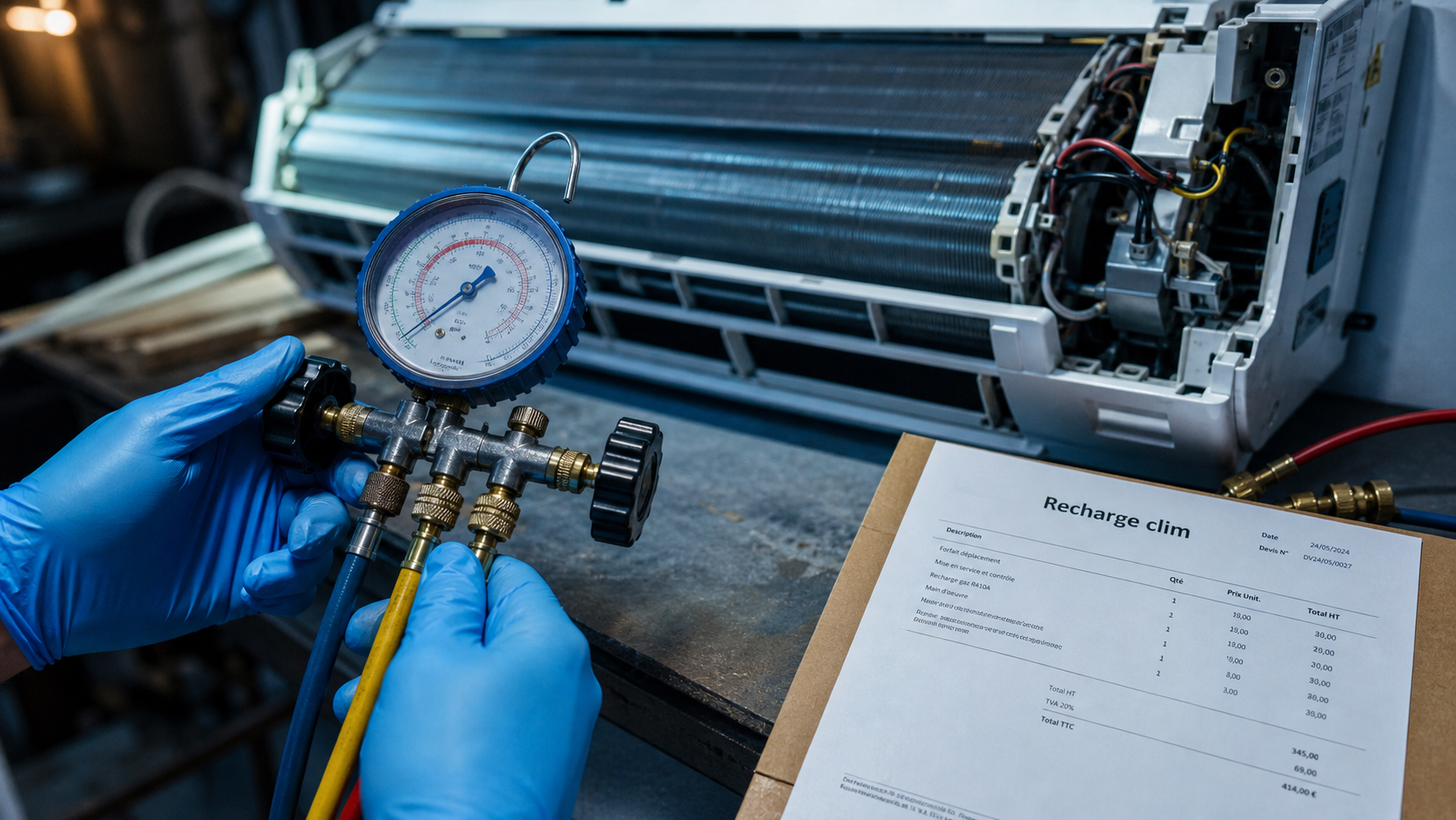 Technicien recharge clim en gaz en atelier avec manomètre