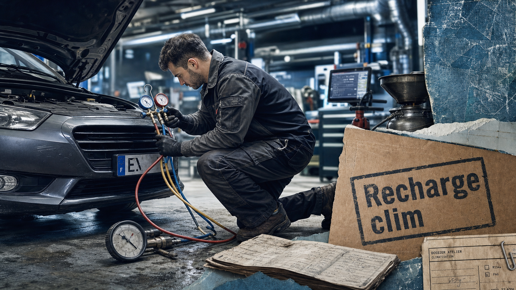 Recharger une clim en gaz : technicien avec kit et manomètre pour recharge de clim