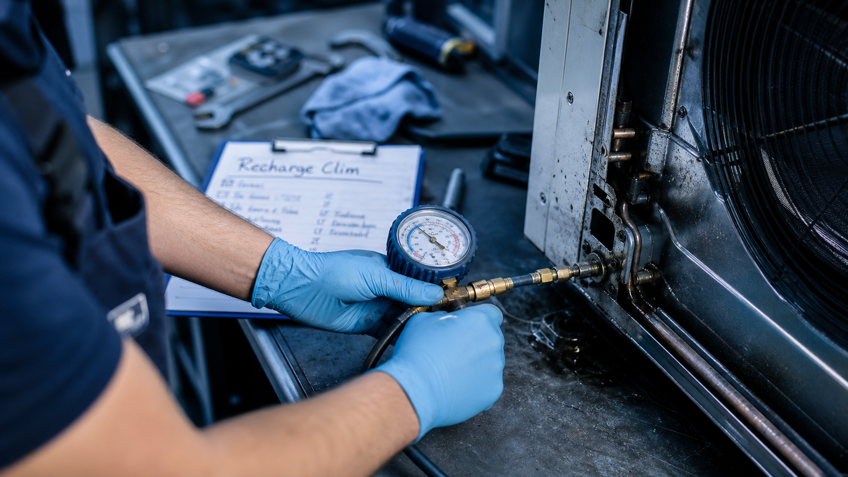 Recharger une clim en gaz : technicien contrôle la pression sur clim murale