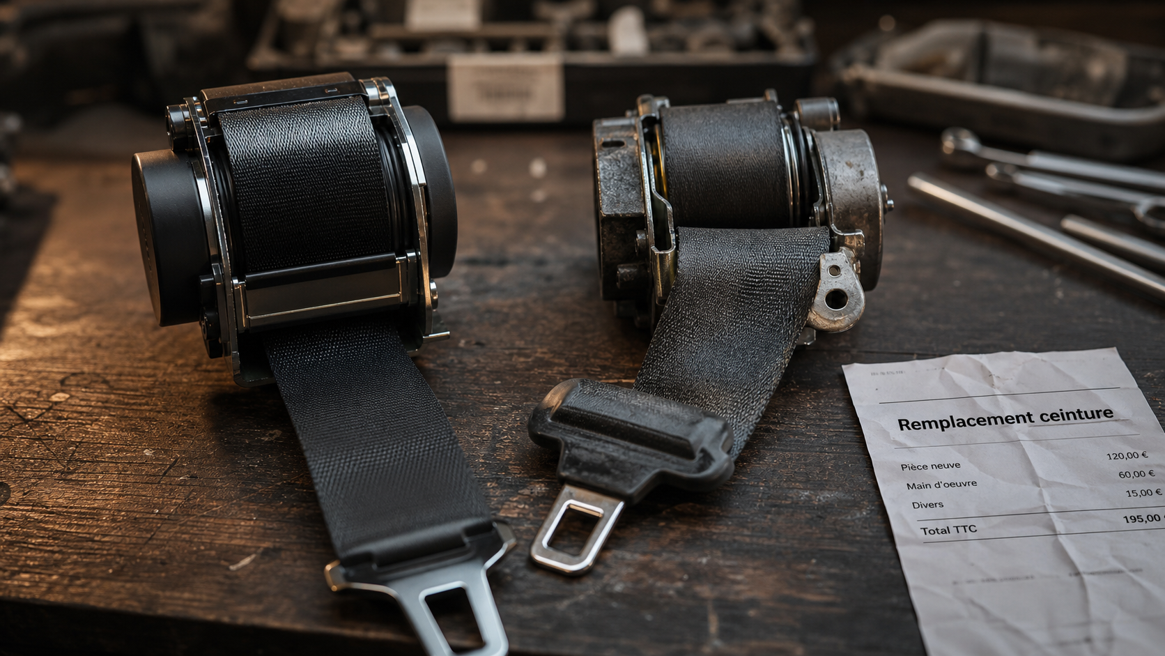 Remplacement ceinture de sécurité prix : ceinture neuve et démontée sur établi
