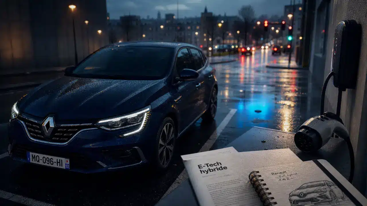 Renault hybride sur parking urbain humide, E-Tech hybride