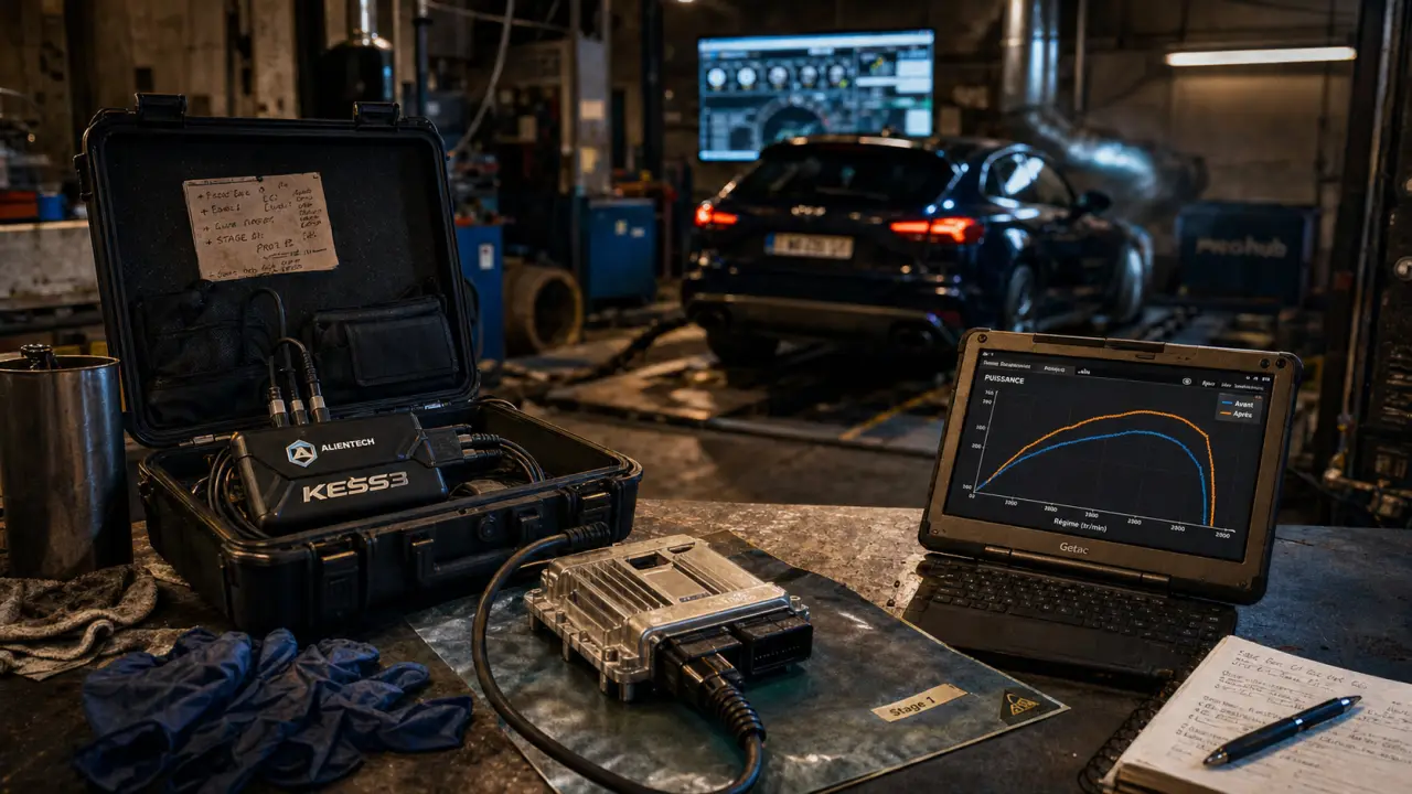 Reprogrammation moteur stage 1 : valise ECU, courbe puissance avant/après