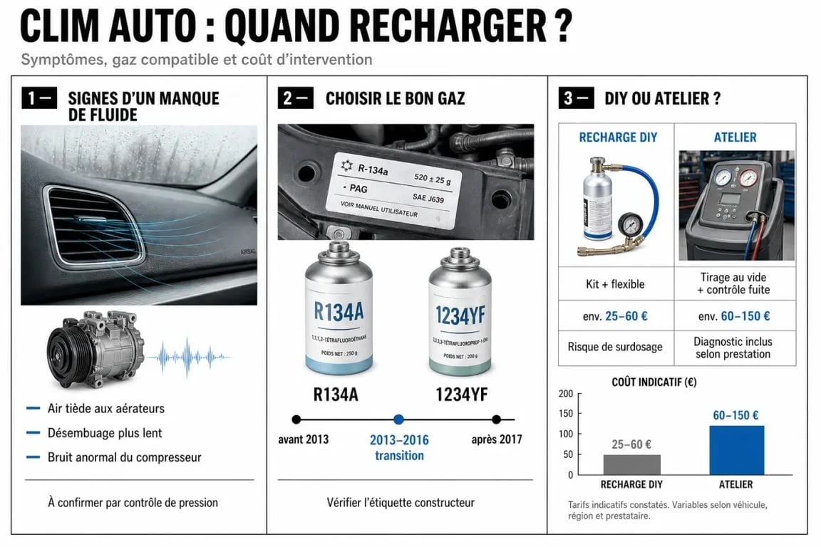 Infographie sur la climatisation recharge d’une voiture avec symptômes, choix du gaz et prix indicatifs