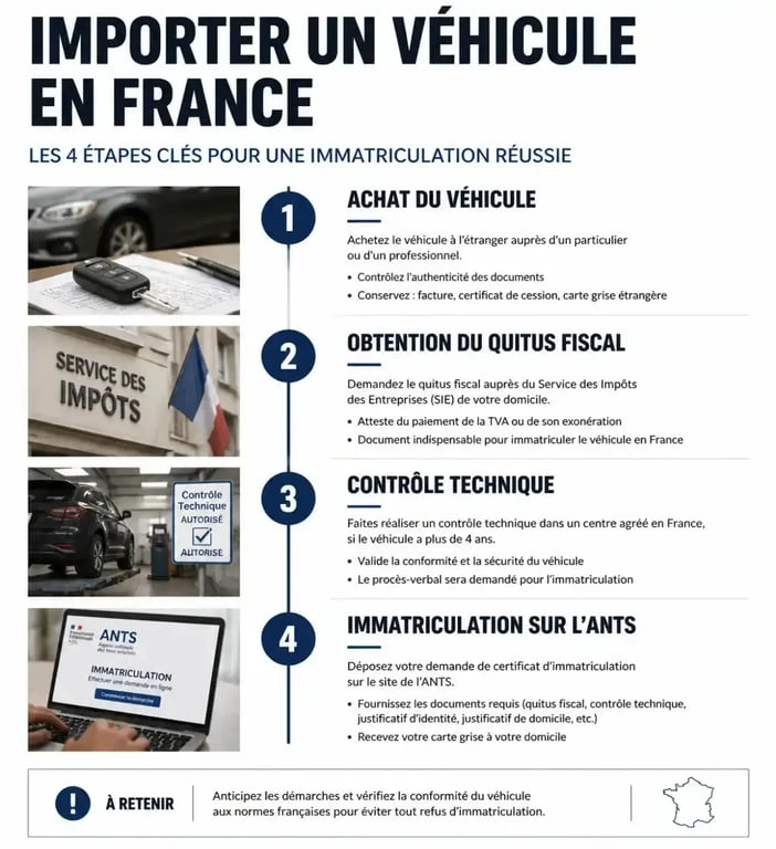 Étapes clés pour l'importation d'une voiture en France : du quitus fiscal à l'immatriculation