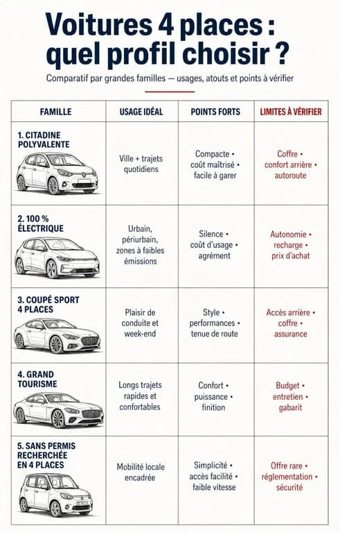 Comparatif voiture 4 places par type, usages et limites