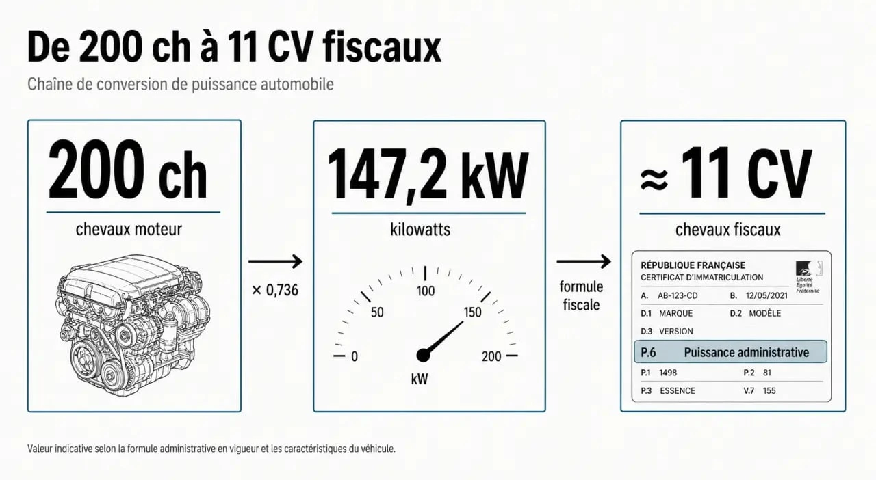 200 chevaux en chevaux fiscaux : conversion de 200 ch en environ 11 CV avec rappel de la case P.6