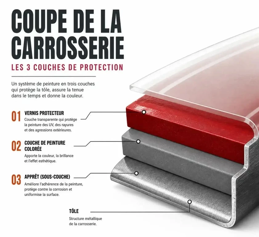 Schéma des couches de peinture automobile pour comprendre comment enlever une rayure sur voiture