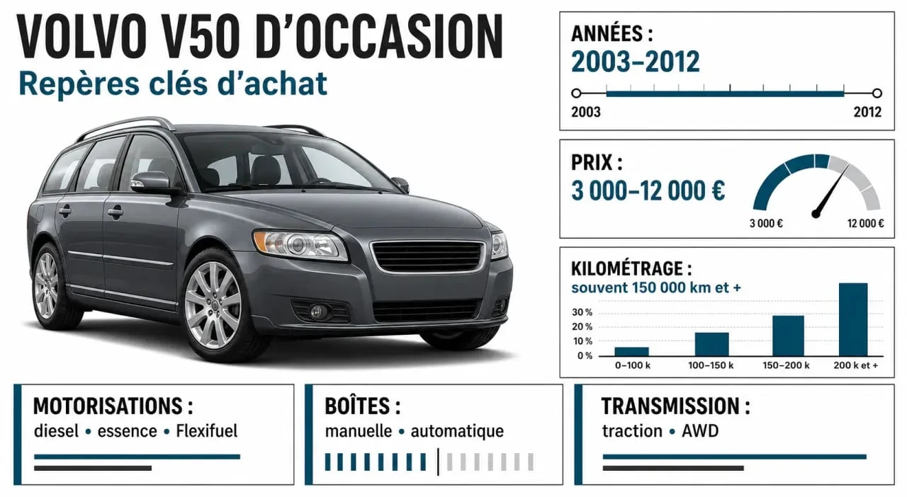 Volvo V50 d’occasion : infographie éditoriale sur les prix, motorisations et points de vigilance