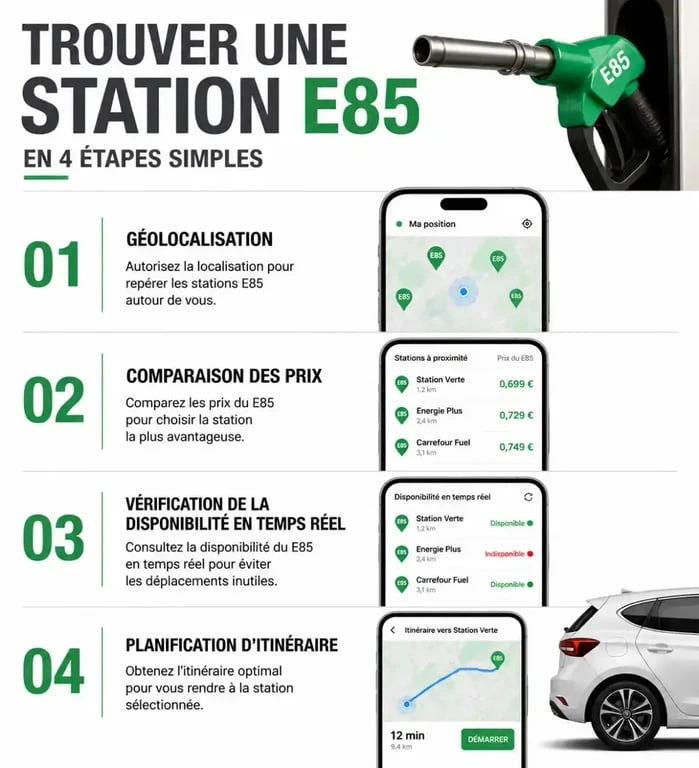 Infographie des étapes pour localiser une station e85 et optimiser son trajet