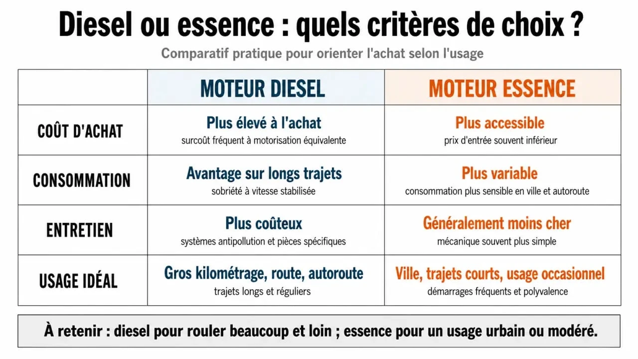Tableau comparatif des critères de choix entre moteur diesel et essence pour les conducteurs