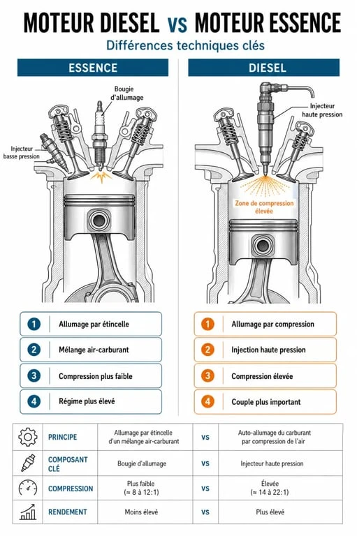 Comparatif technique moteur diesel et essence : différences de fonctionnement et de combustion