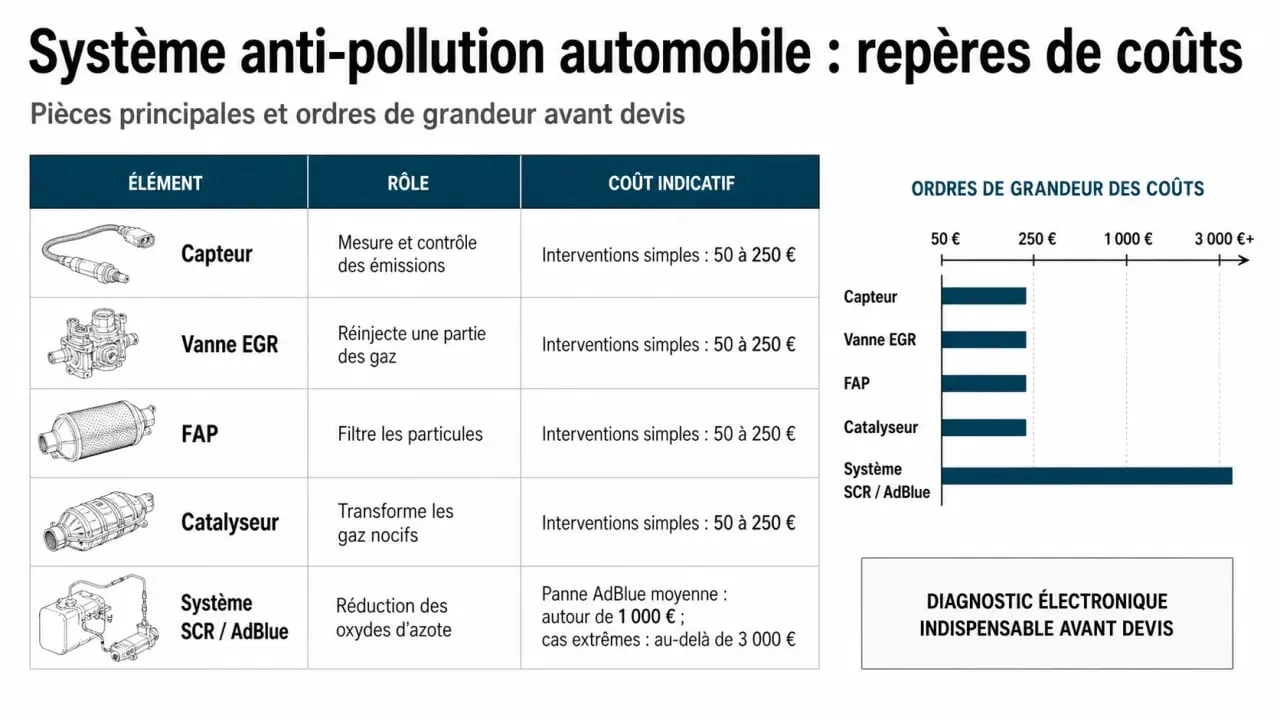 Système anti-pollution défaillant prix : infographie des pièces concernées et des fourchettes de réparation