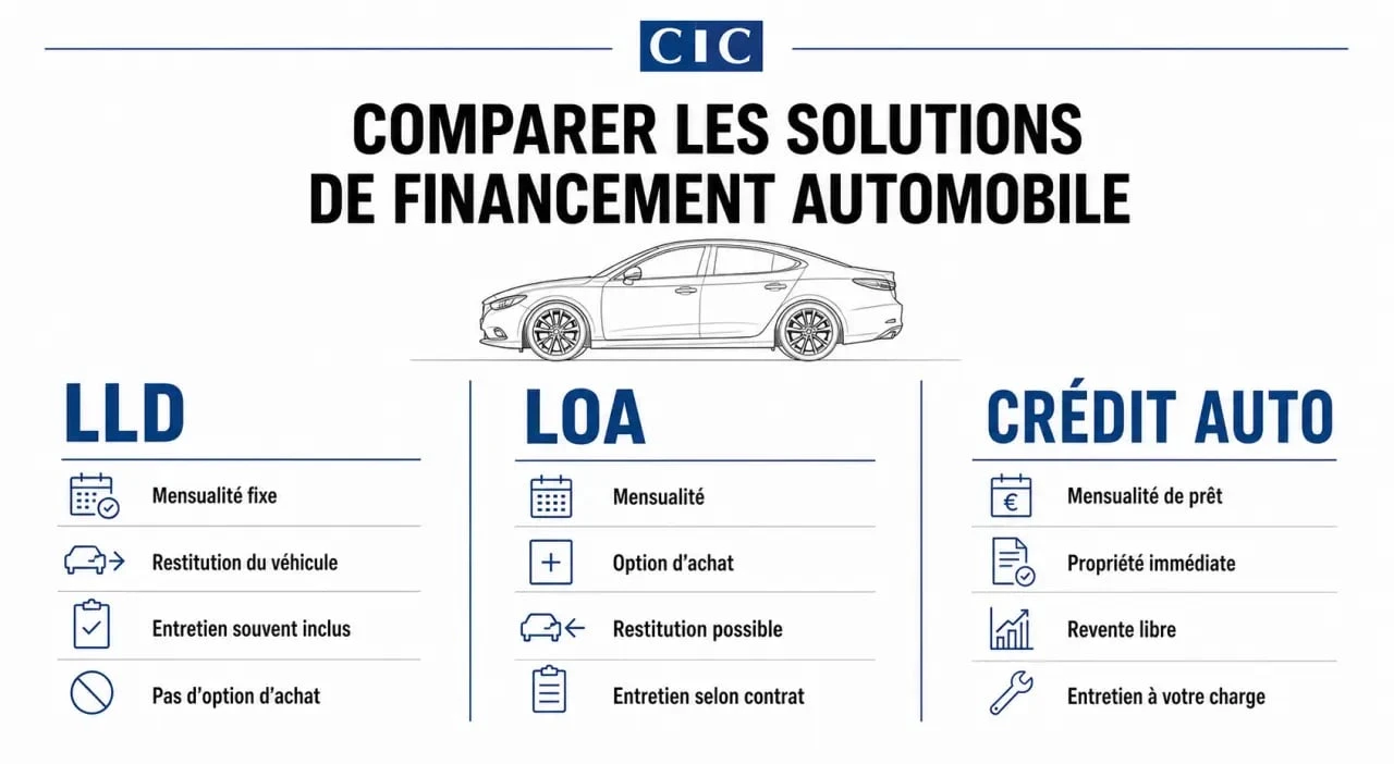 CIC leasing voiture : comparaison visuelle entre LLD, LOA et crédit auto