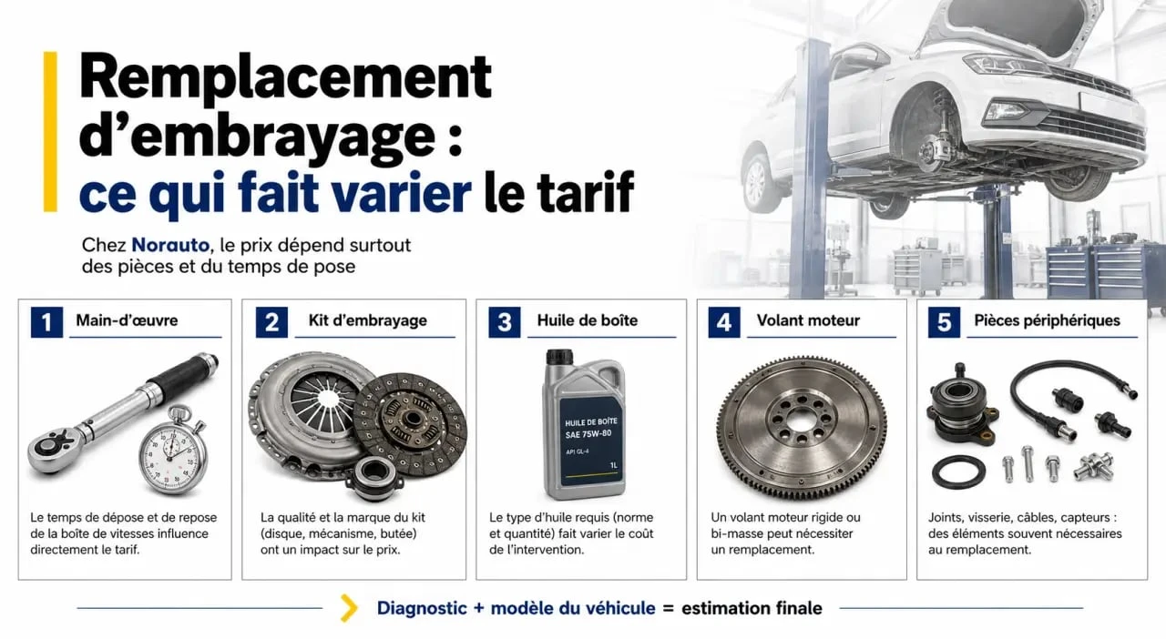 Tarif remplacement embrayage Norauto : visuel éditorial sur les postes de coût et les éléments qui font varier le devis