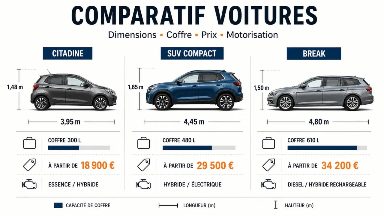 Comparatif voitures avec silhouettes de modèles côte à côte, critères dimensions, coffre, prix et motorisation