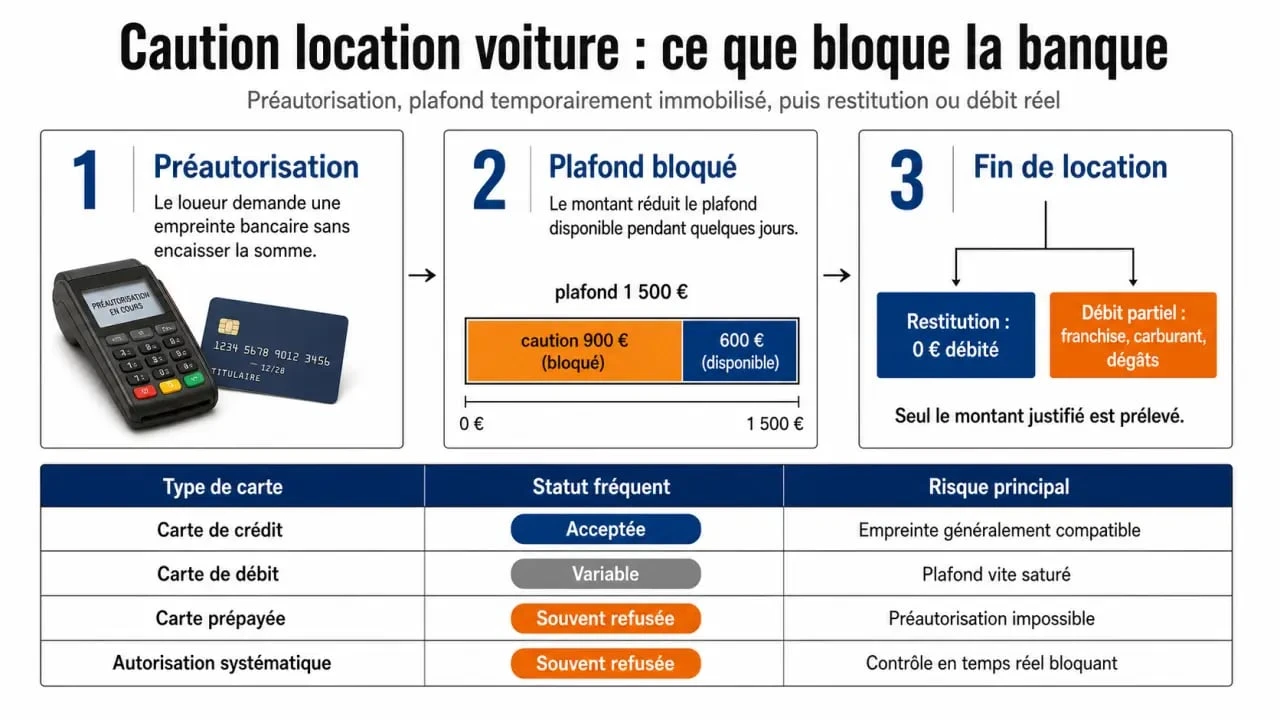 Caution location voiture : schéma comparatif du blocage du dépôt, des cartes acceptées et de la restitution