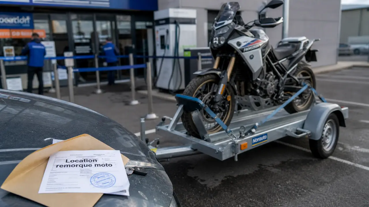 location remorque moto feu vert : remorque attelée sur parking avec moto